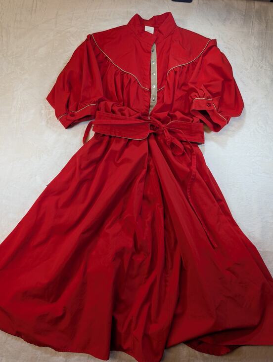 Unbranded Dresses & Skirts - Vintage Red Prairie Dress Puff Sleeve Belted Cotton Western Cottagecore USA 12